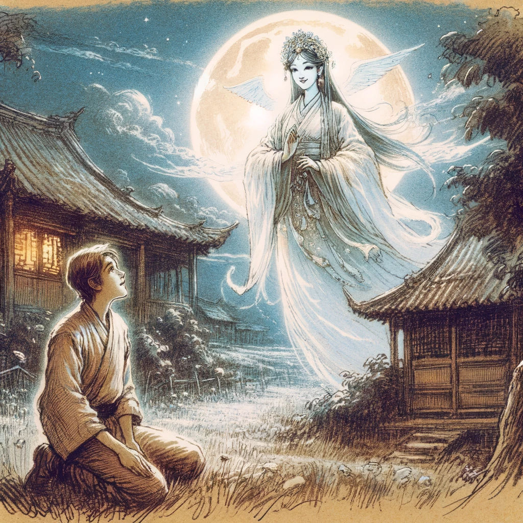 Goddess He Xiangu appearing before a peasant in a moonlit countryside, in a dreamlike, messy sketch style.